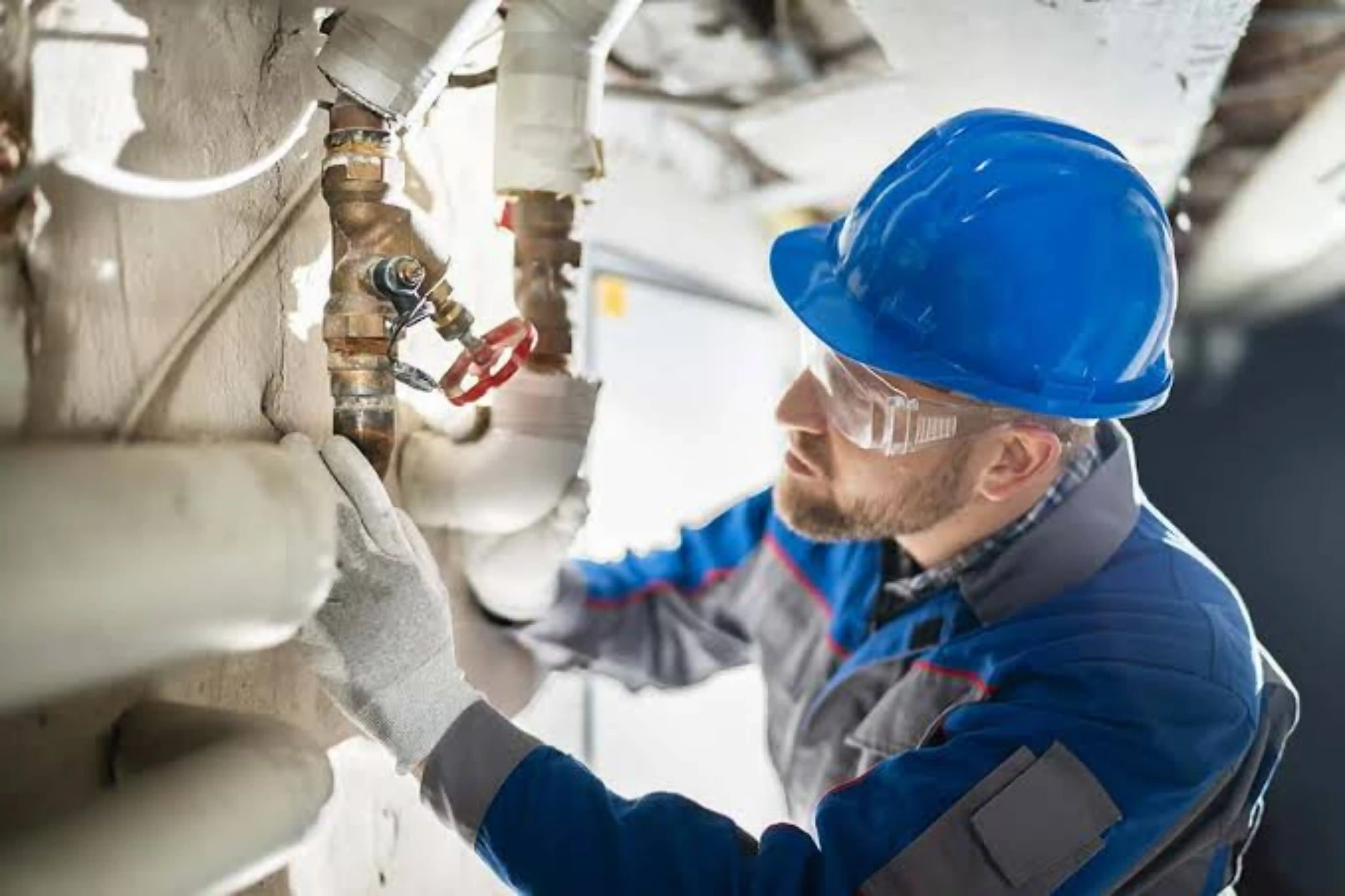 Restoration plumber inspecting residential water supply lines and shutoff valves for burst pipe leaks