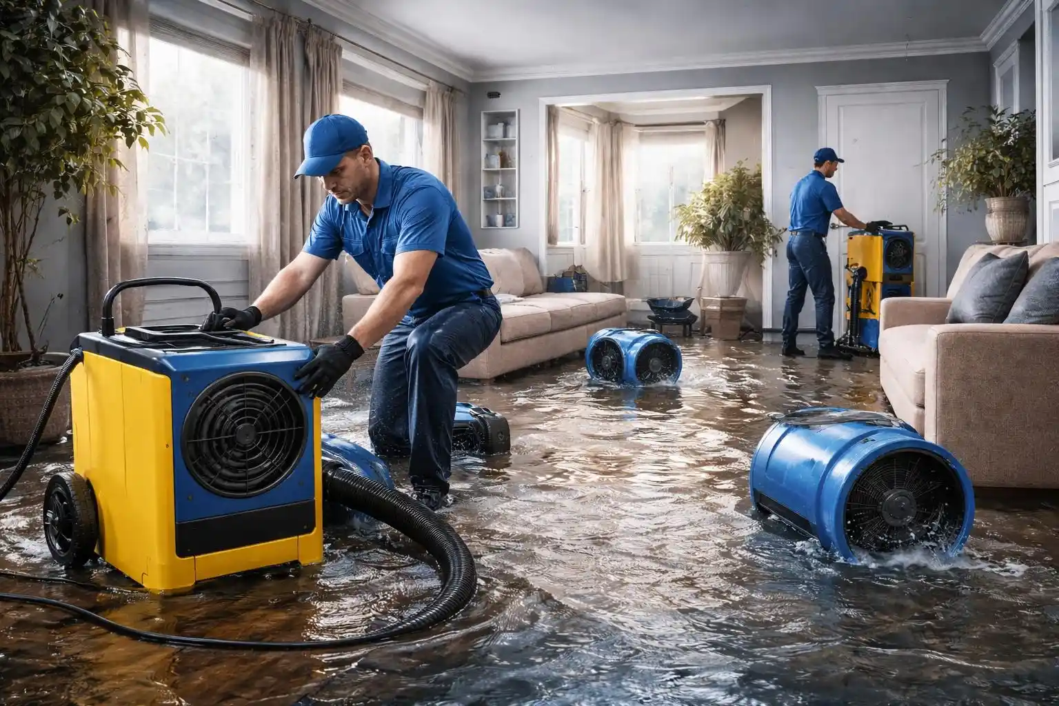 Storm water cleanup and drying fan deployment in flooded residential room