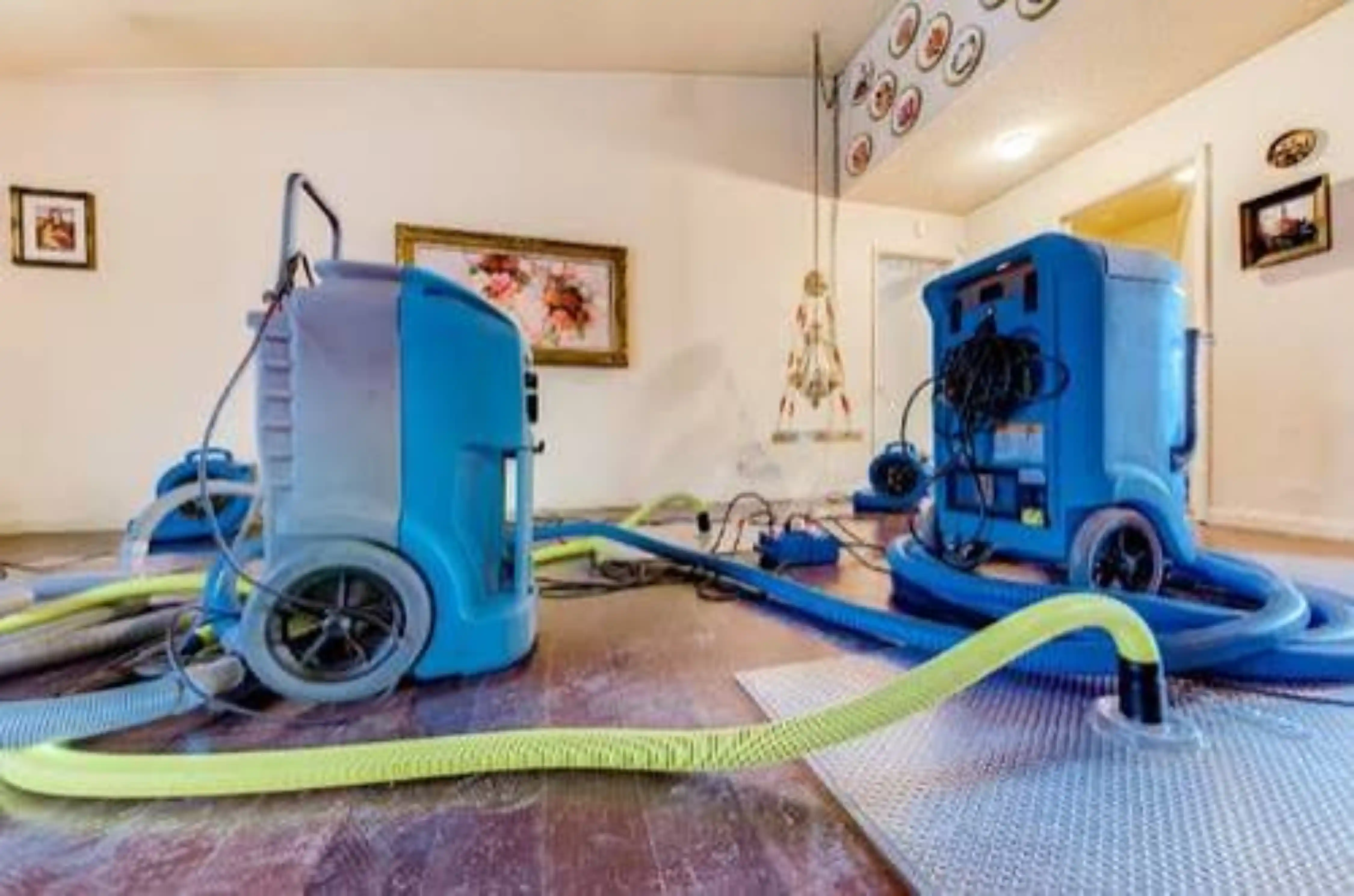 Commercial dehumidifiers and air movers set up for structural drying in Glendale