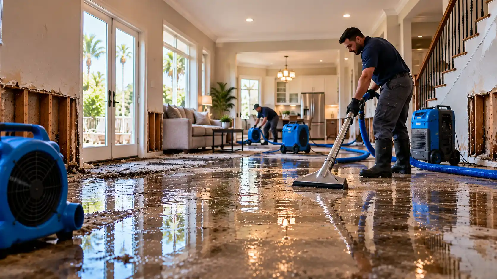 Professional water damage restoration technicians extracting standing water from a flooded Glendale residential living room using industrial equipment