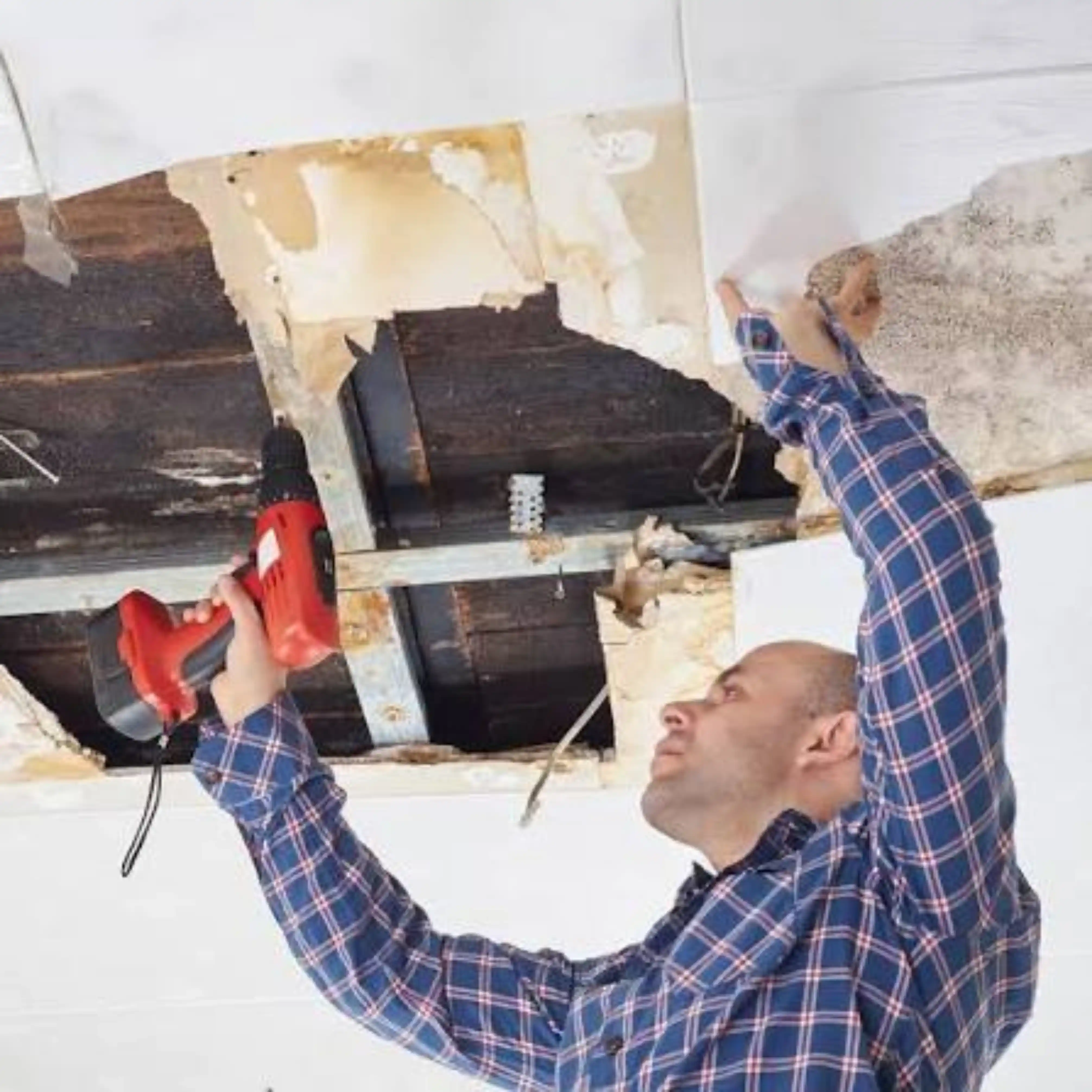 Restoration specialist repairing water-damaged ceiling drywall after upstairs plumbing leak in Glendale