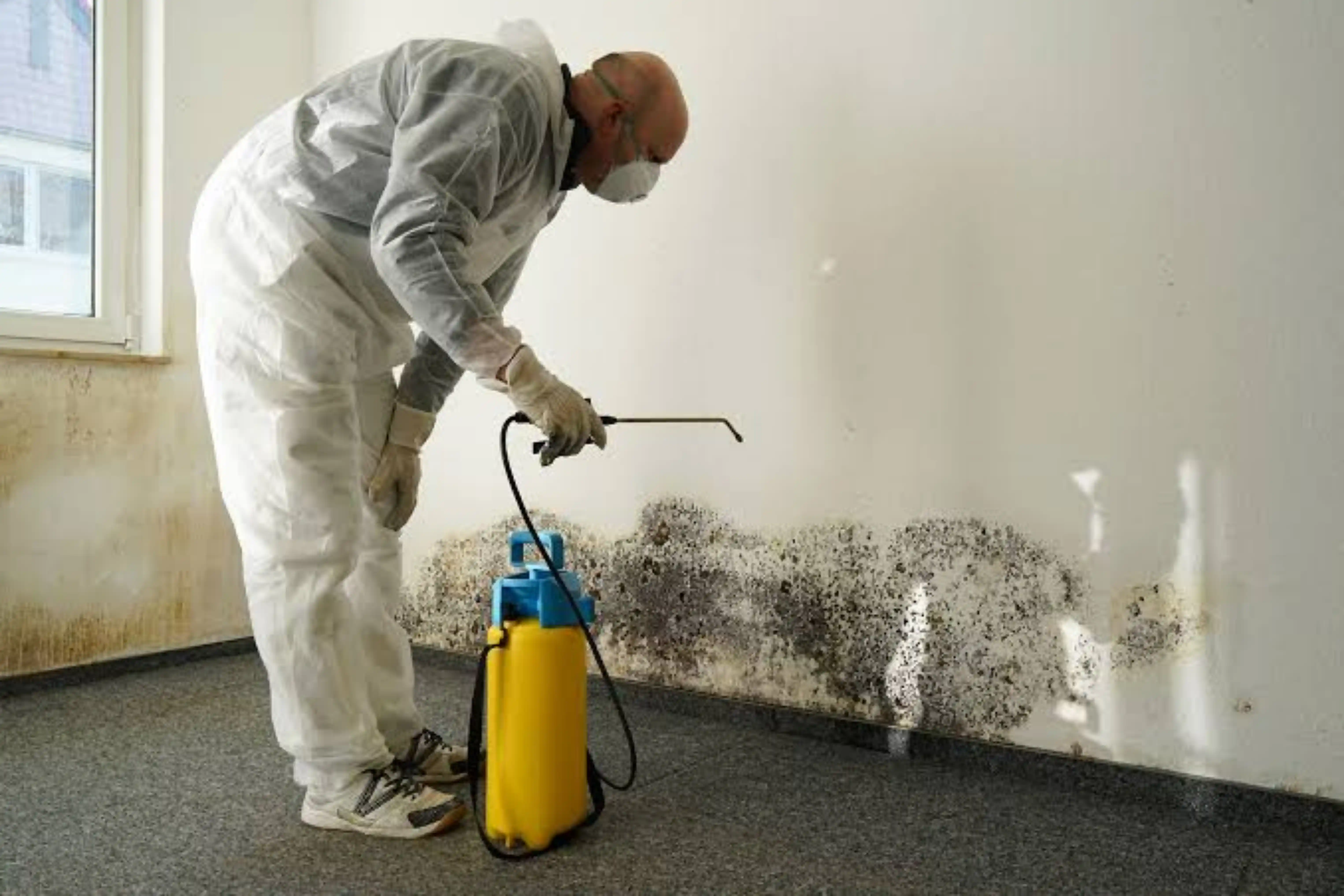 Water mitigation specialist applying antimicrobial treatment to water-damaged baseboard